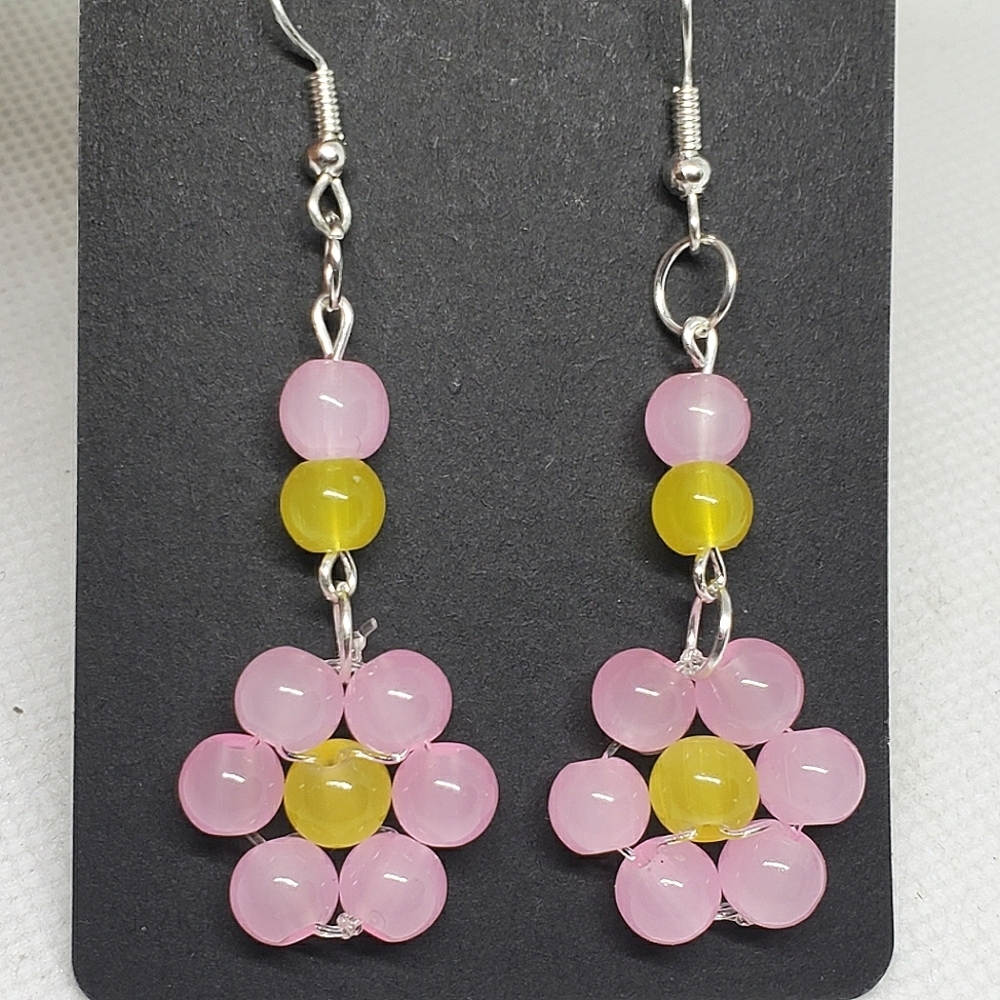 Handmade Pink Yellow Beaded Glass Flower Earrings